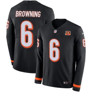 wholesale Bengals #6 Jake Browning Black Team Color Men's Stitched NFL Limited Therma Long Sleeve Jersey
