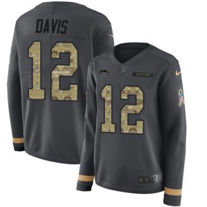Chargers #12 Derius Davis Anthracite Salute to Service Women's Stitched NFL Limited Therma Long Sleeve Jersey